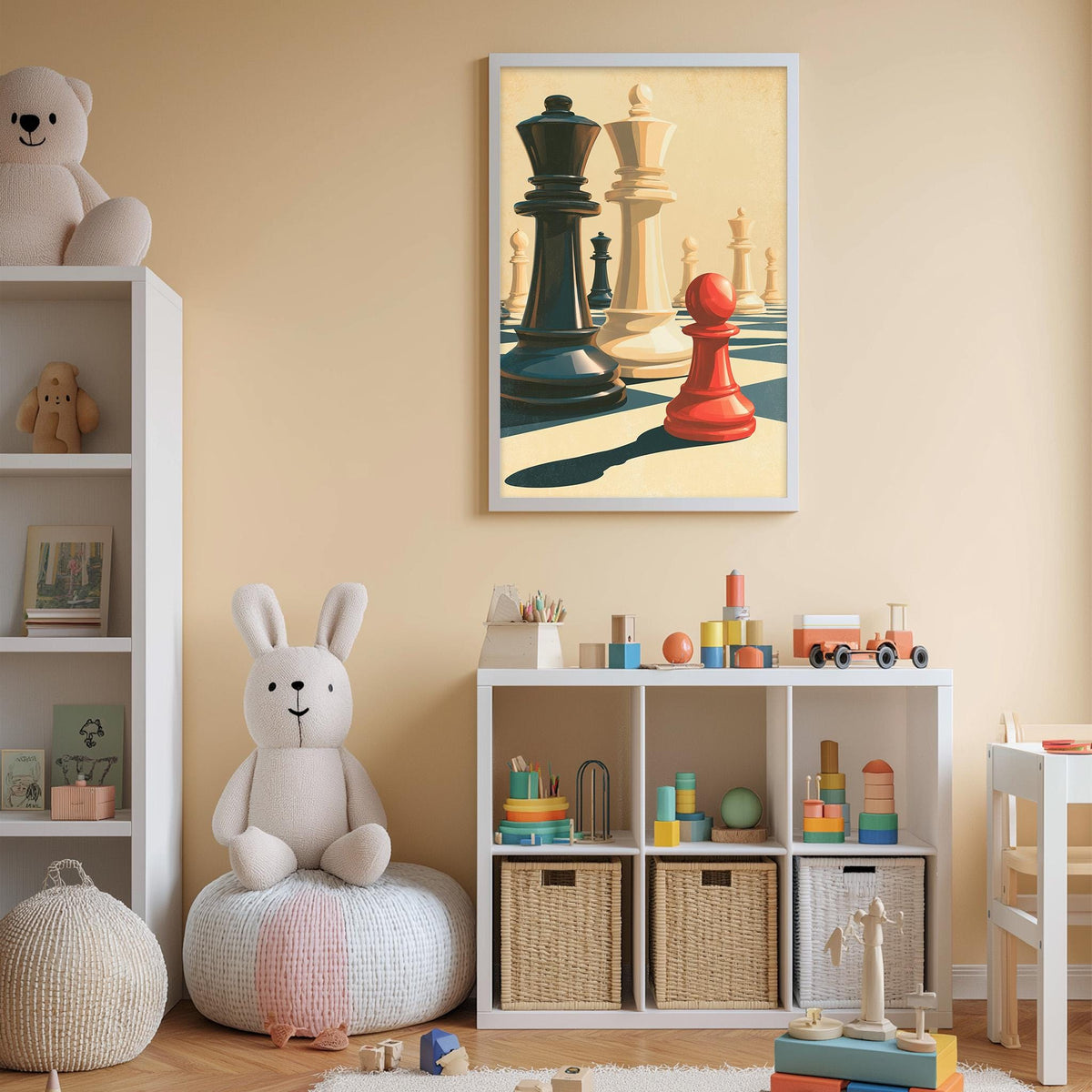 A child's bedroom with a white bookshelf, a stuffed rabbit, a chessboard with a black and white chess set, and a colorful toy box filled with various toys.