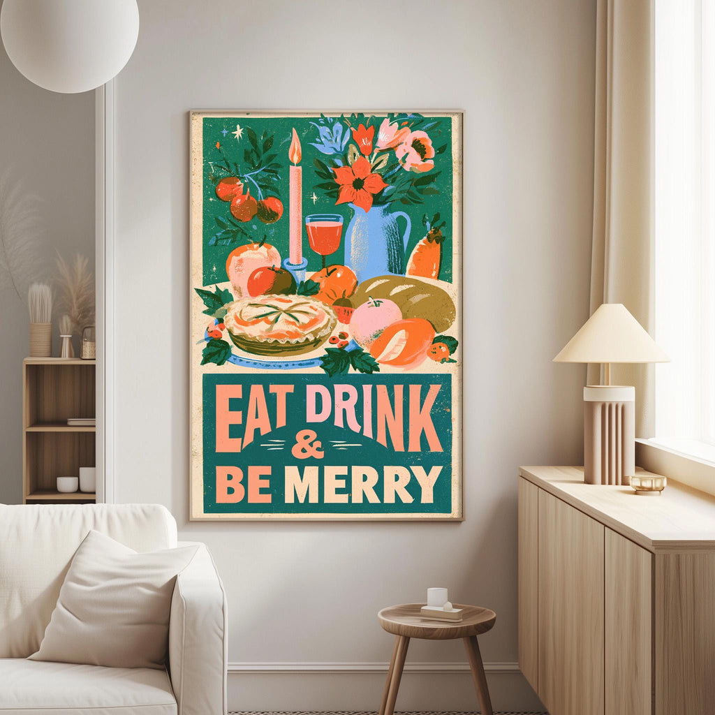 a poster with a festive design, including a candle, flowers, and various food items, hanging on a wall in a living room.