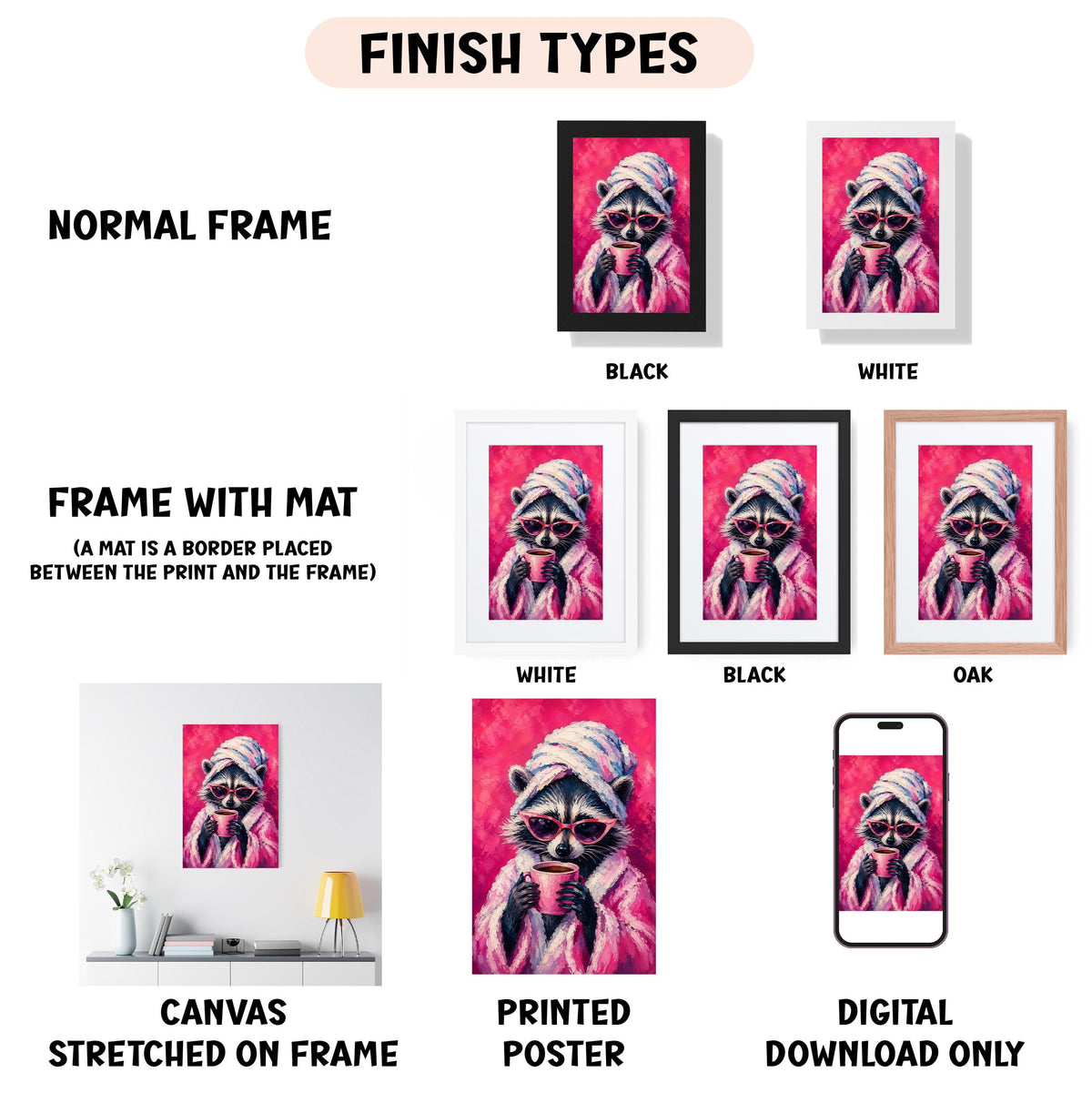various types of artwork, including a canvas stretched on a frame, a framed print, and a digital poster. The artwork features a raccoon wearing a hat and holding a cup, with different frame colors and styles.