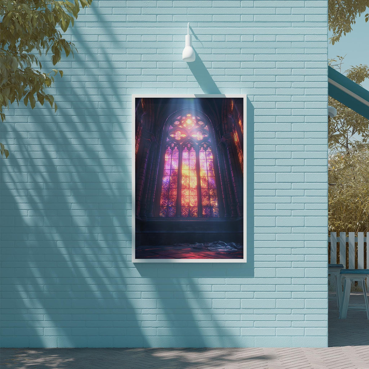a large, colorful stained glass window with vibrant hues of purple, orange, and yellow, set against a blue brick wall.
