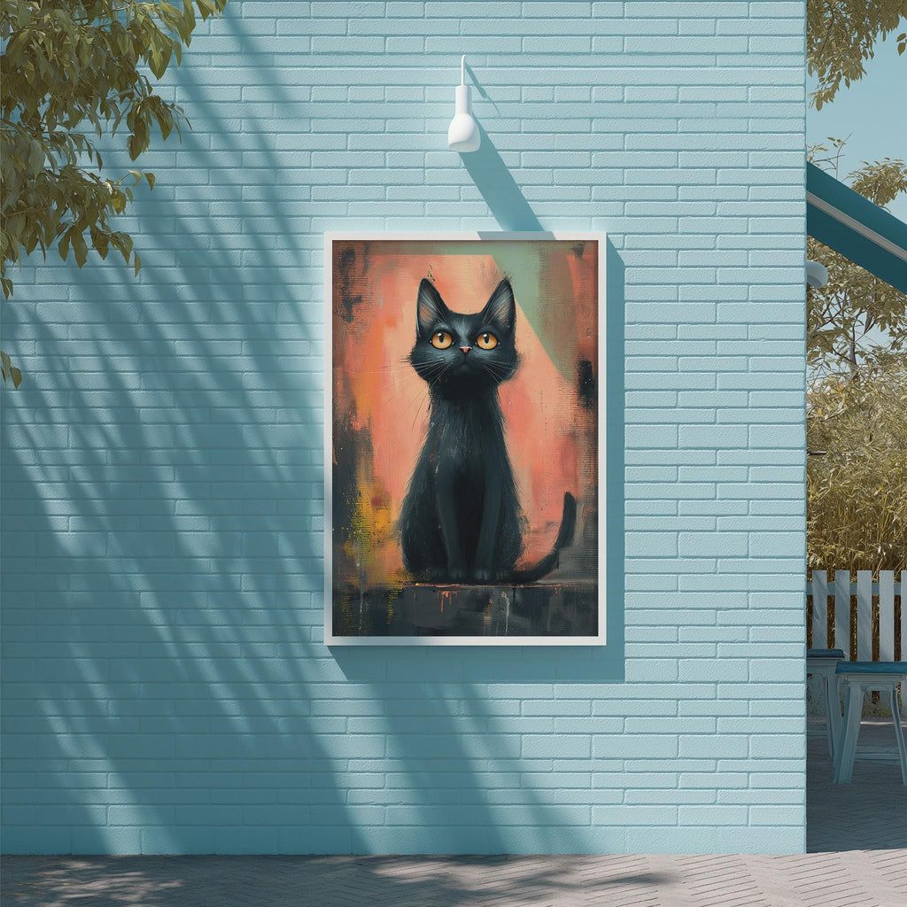 A framed painting of a black cat is displayed on a blue wall, with a white light fixture above it.