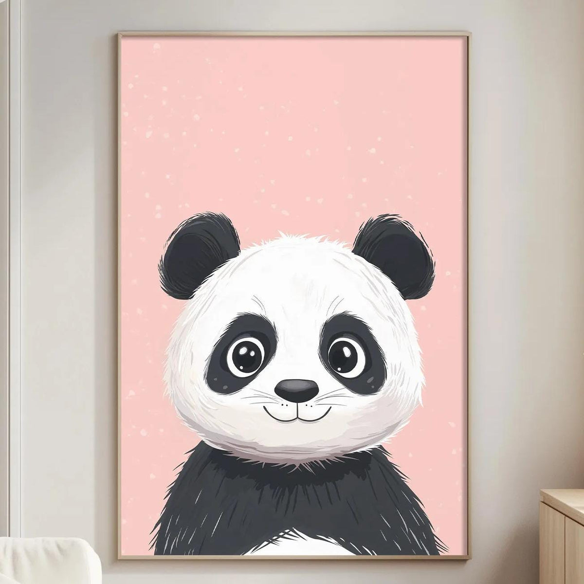 a large panda bear poster on the wall of a living room.