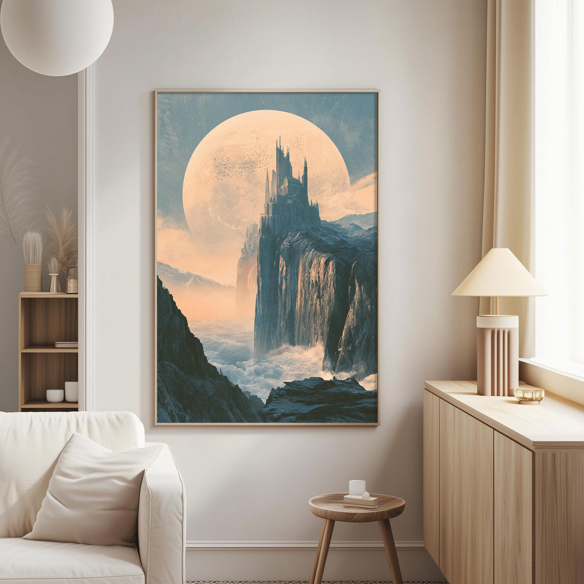 a large, framed painting of a castle on a cliff, with a large moon in the background. The painting is hanging on a wall in a living room setting.