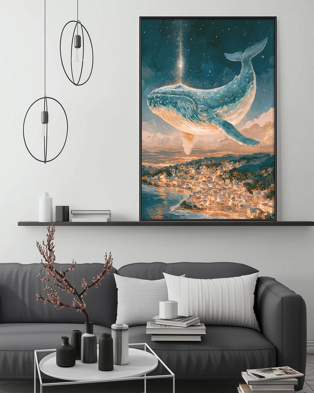 a large painting of a whale flying over a cityscape, hanging on a wall above a gray couch with a coffee table in front of it.