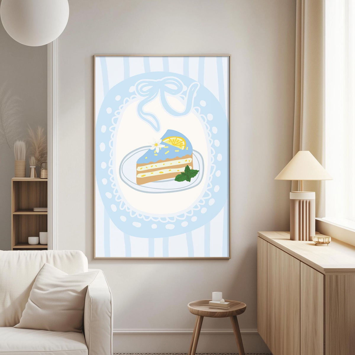 a cozy living room with a white sofa, a wooden side table, and a framed picture of a slice of cake on a plate.
