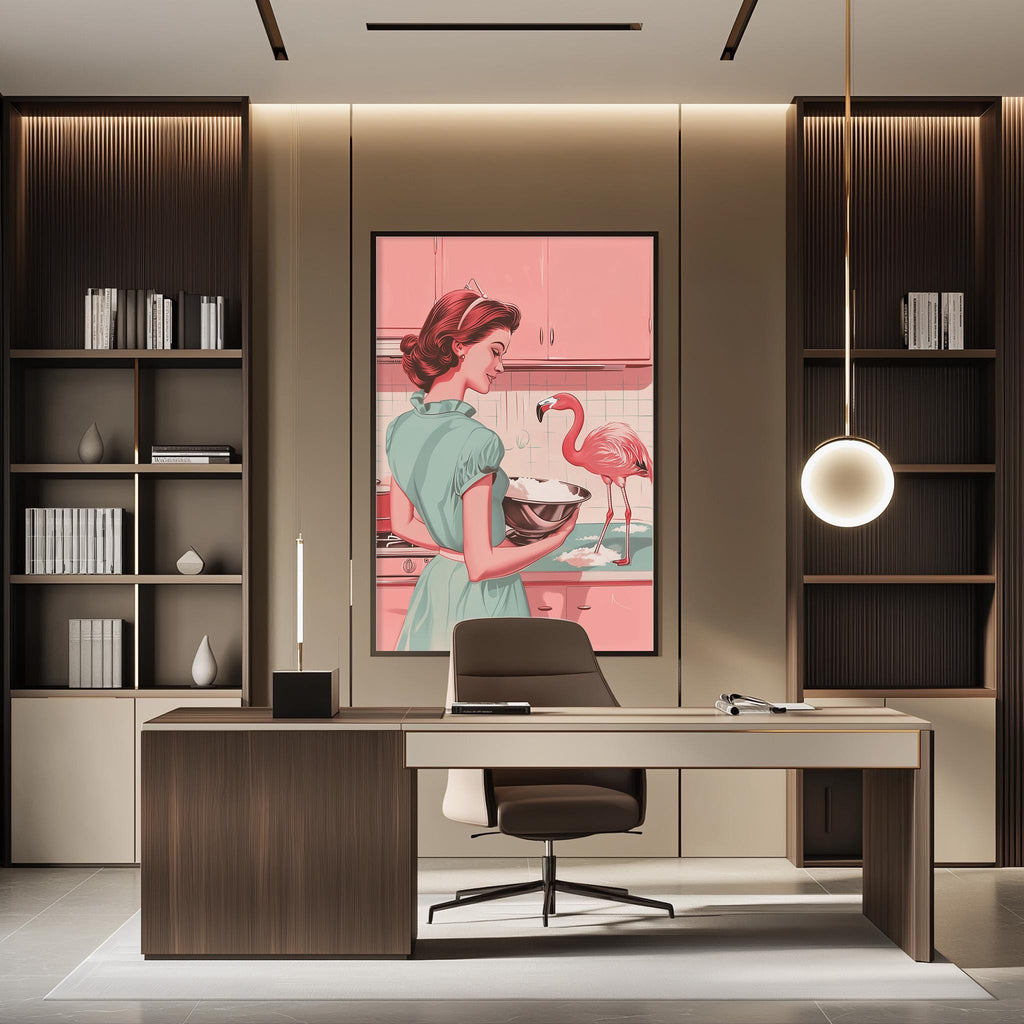 a modern office space with a large framed poster of a woman holding a pink flamingo on the wall. The office has a wooden desk, a chair, and a bookshelf. The overall design and decor create a stylish and contemporary atmosphere.