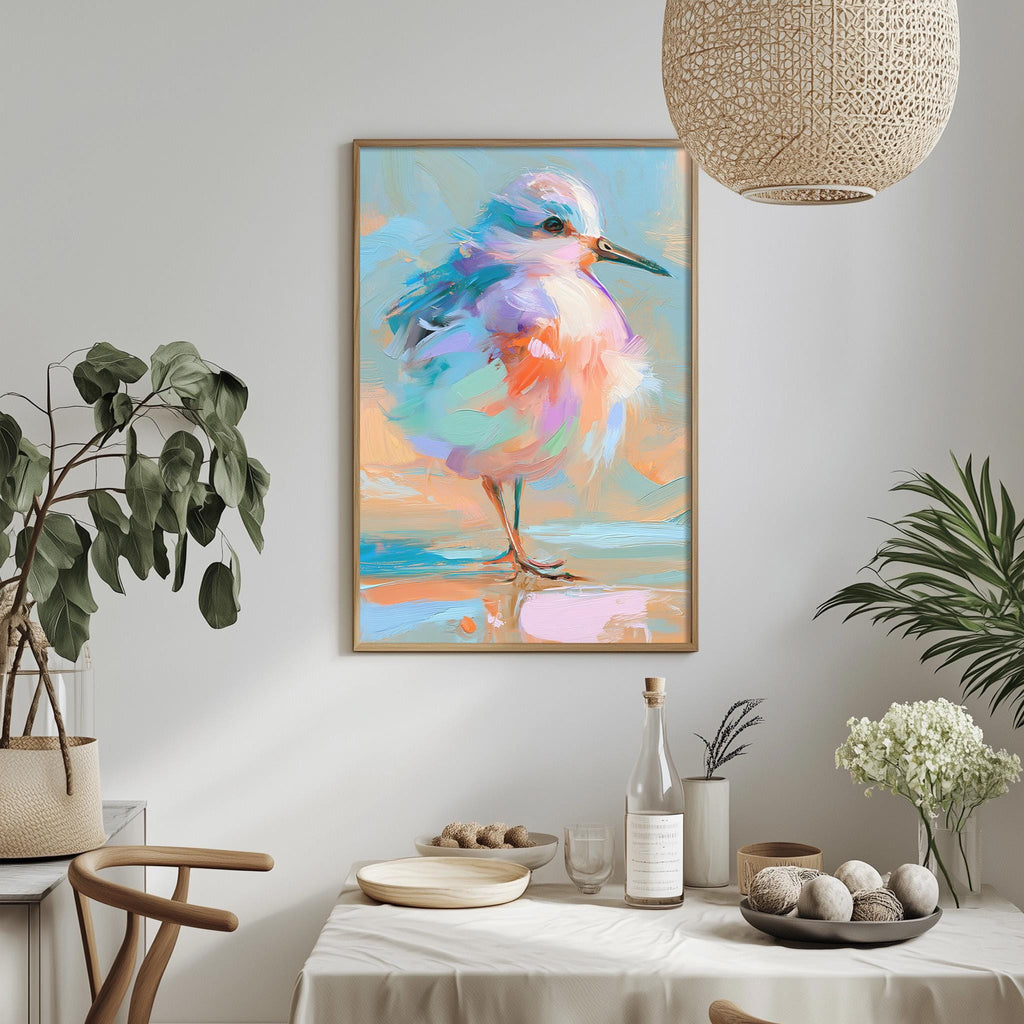 a vibrant painting of a colorful bird, which is hanging on a wall above a dining table. The table is set with various items, including a bottle, a bowl, and a vase, creating a cozy and inviting atmosphere.