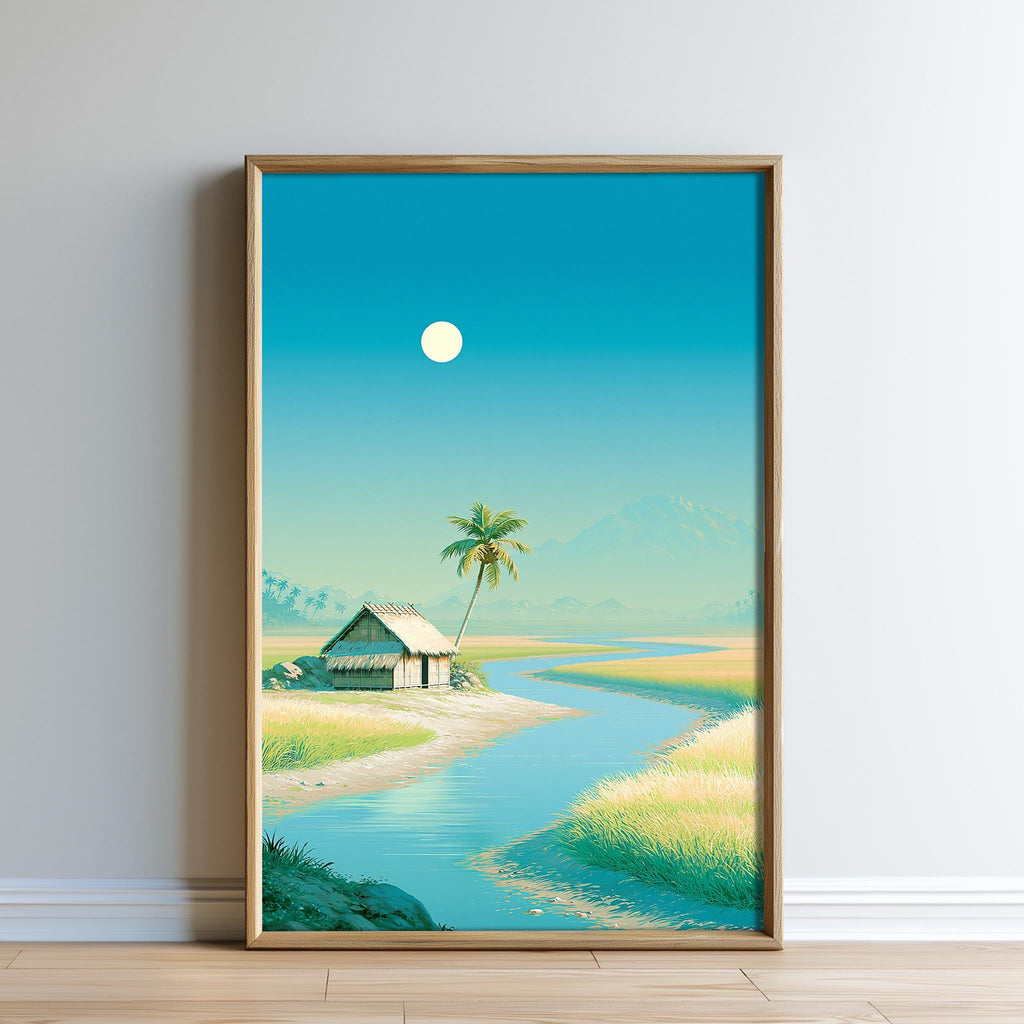 a serene tropical landscape with a small hut, palm trees, and a winding river. The sky is a clear blue, and the moon is visible in the background.