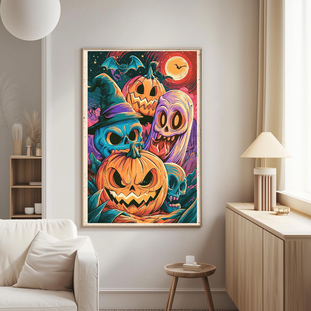 a Halloween-themed poster or painting hanging on a wall in a living room. The poster depicts a group of spooky and eerie characters, including a witch, a pumpkin, a ghost, and a bat, all set against a backdrop of a full moon and a crescent moon.