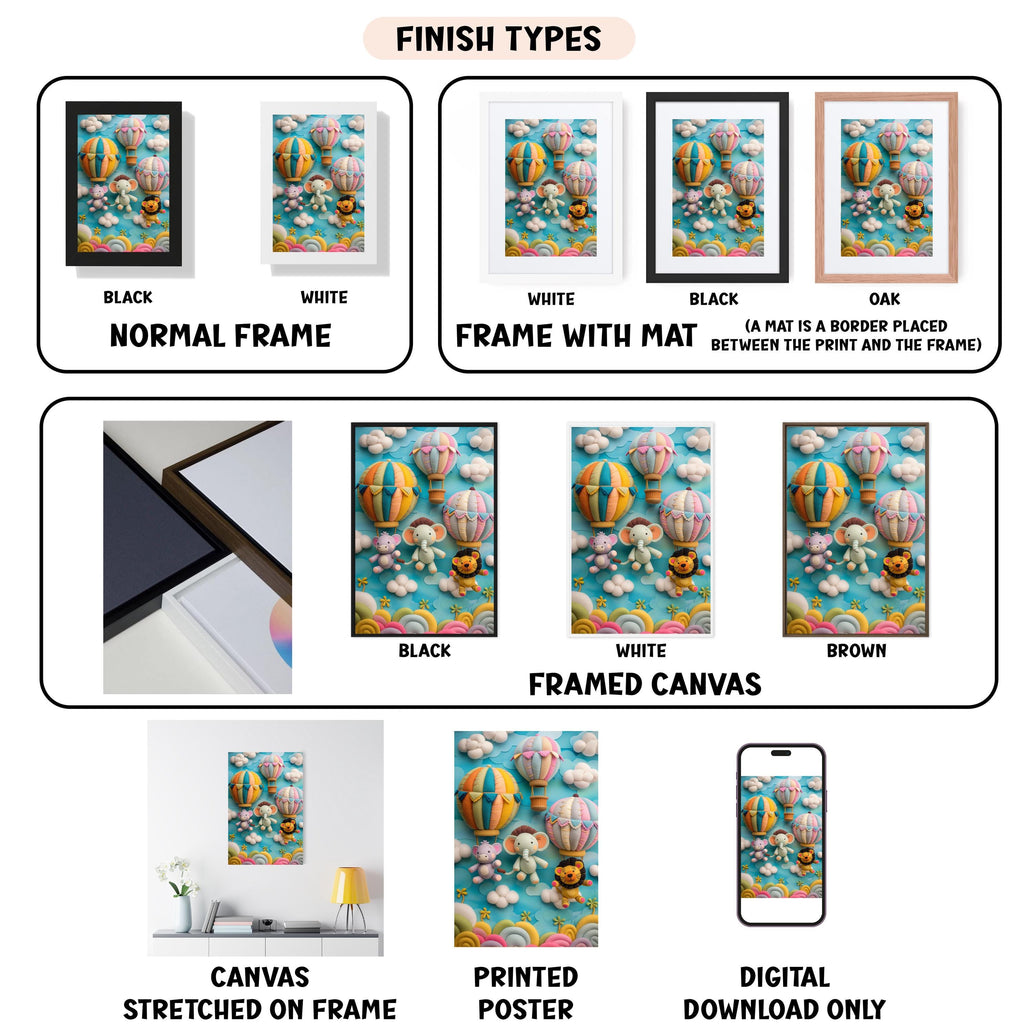 various finish types for a framed artwork, including a normal frame, a frame with a mat, a black frame, a white frame, a black frame, a white frame, a black frame, a white framed canvas, a brown framed canvas, a stretched canvas, a printed poster, and a digital download only.