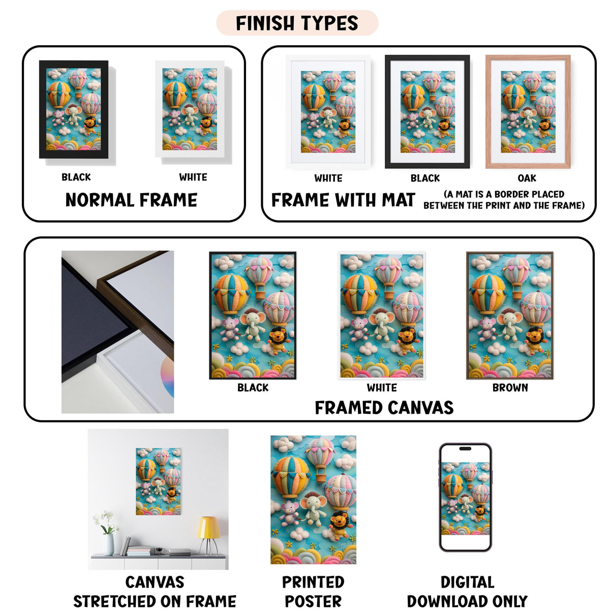 various finish types for a framed artwork, including a normal frame, a frame with a mat, a black frame, a white frame, a black frame, a white frame, a black frame, a white framed canvas, a brown framed canvas, a stretched canvas, a printed poster, and a digital download only.
