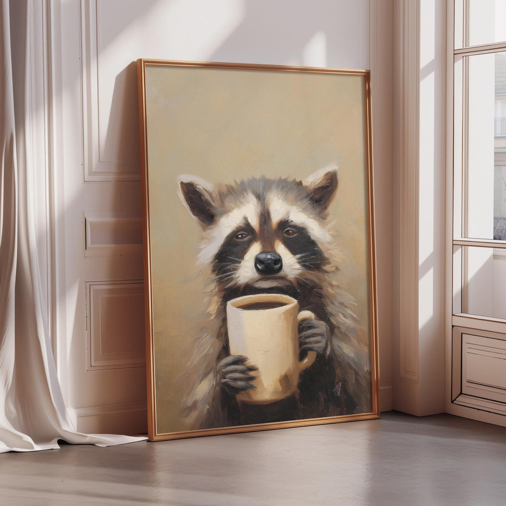 A raccoon holding a coffee mug is the central focus of the painting displayed on a wall.