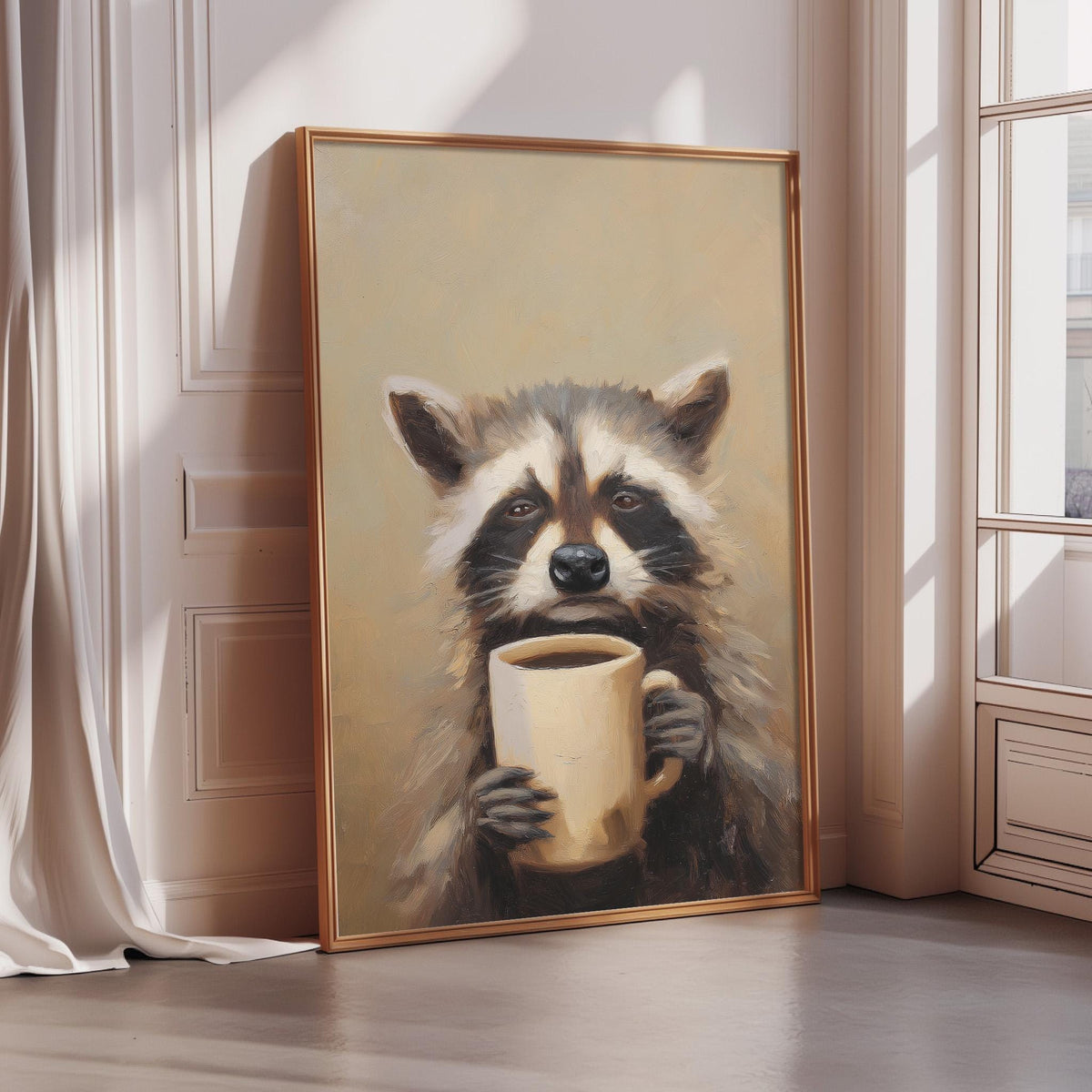 A raccoon holding a coffee mug is the central focus of the painting displayed on a wall.