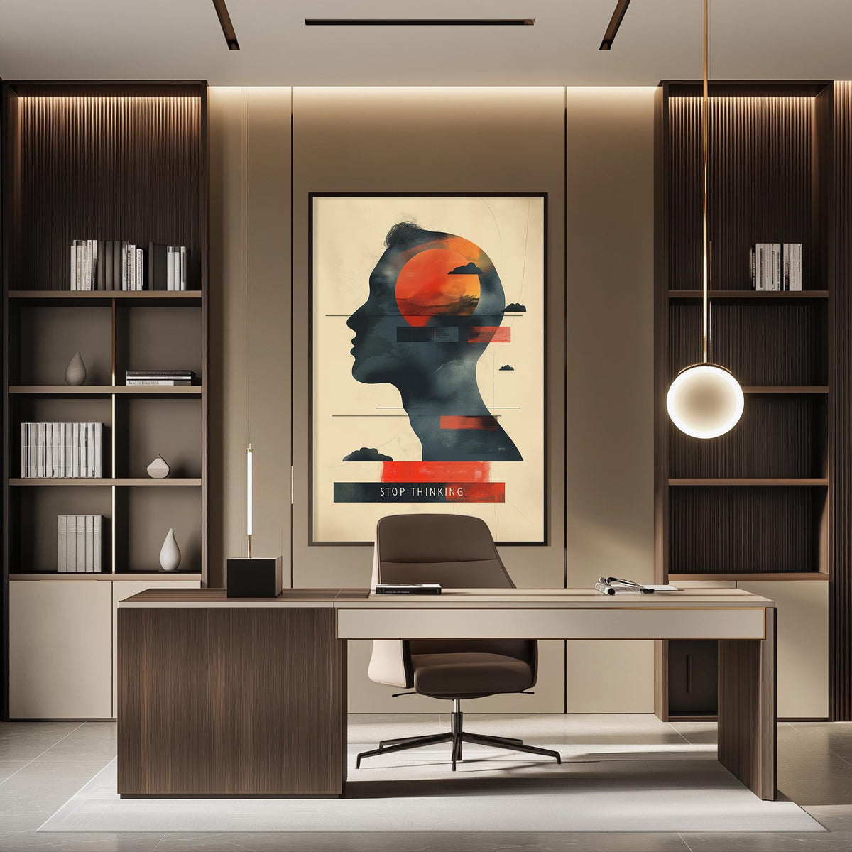 a modern office space with a large framed poster of a human head with an abstract design on the wall. The office has a wooden desk, a chair, and a bookshelf filled with books. The overall design and layout of the space create a professional and creative atmosphere.
