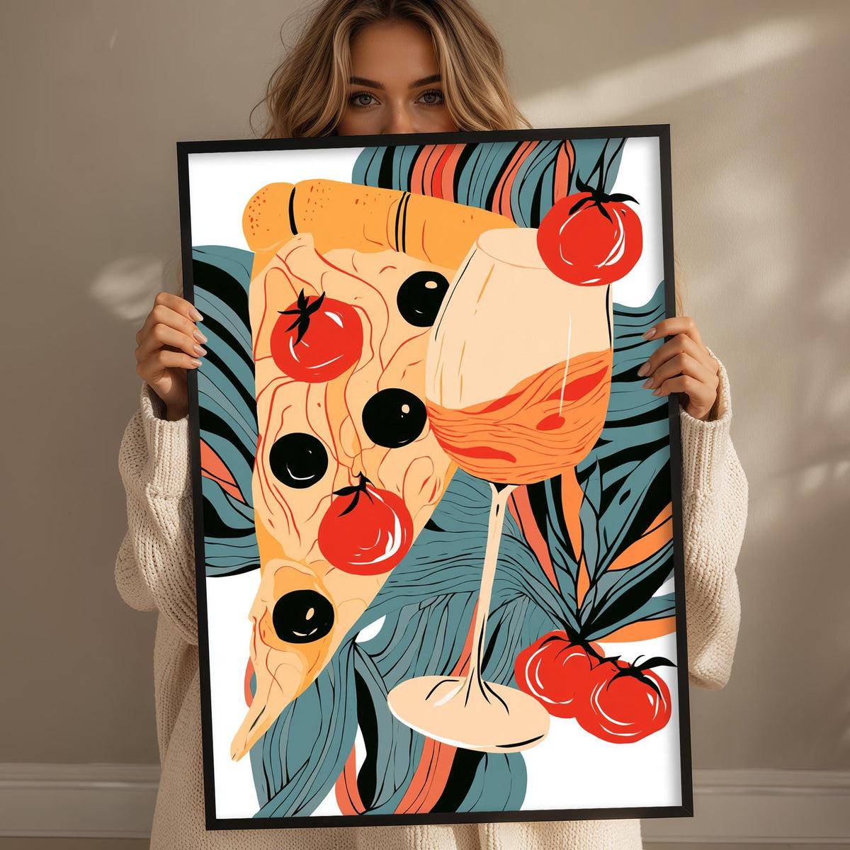 A woman holds up a framed illustration of a slice of pizza with tomatoes and a glass of wine.