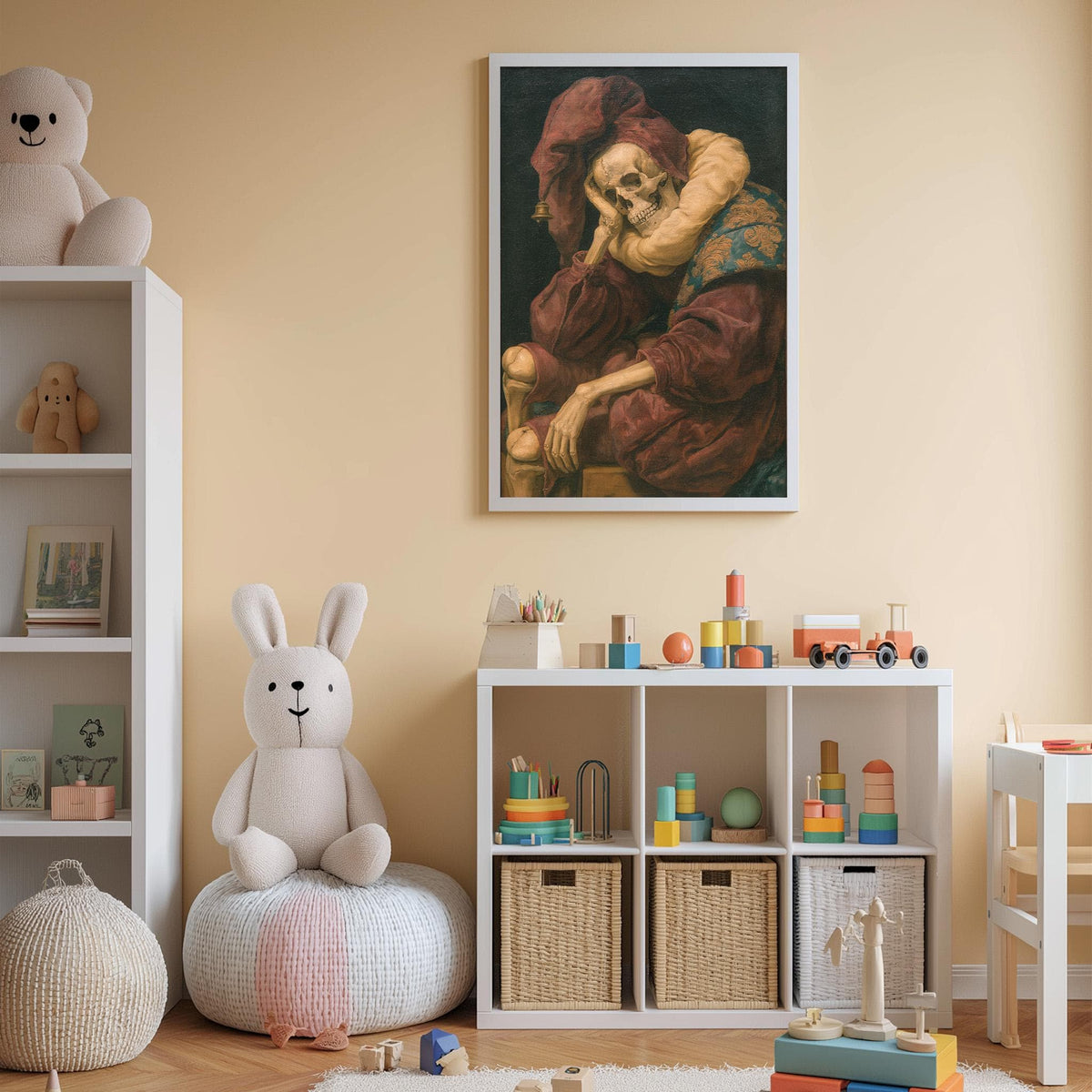 A child's bedroom with a white bookshelf, a stuffed rabbit, a toy train, and a framed painting of a skeleton.