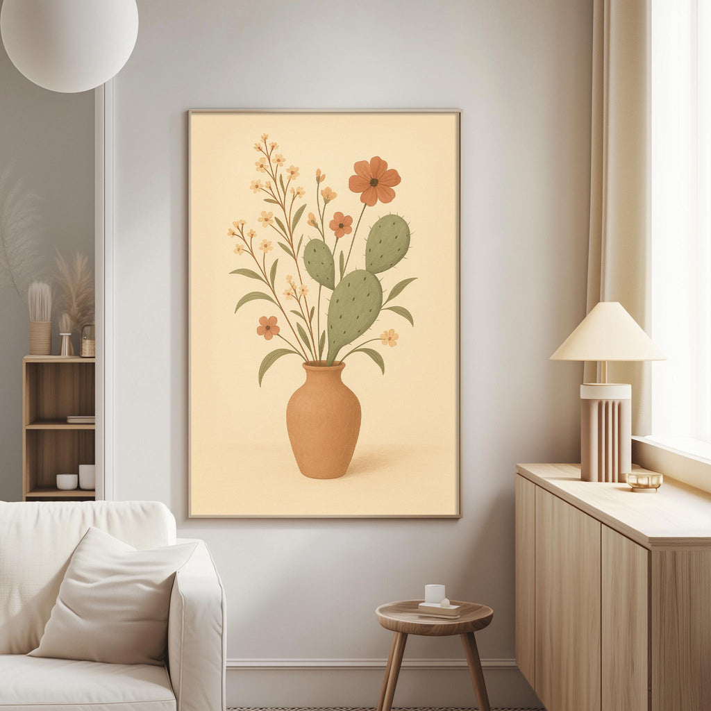 a living room with a white sofa, a wooden side table, and a framed artwork of a vase with flowers and cactus on the wall.