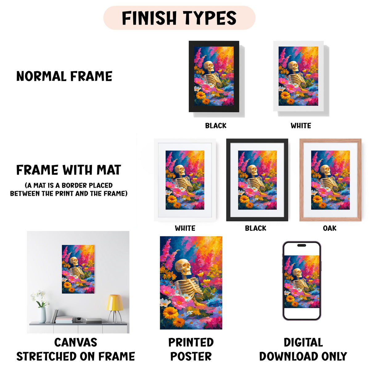 various types of artwork, including a normal frame, a frame with a mat, a white frame, a black frame, an oak frame, a white canvas stretched on a frame, a printed poster, and a digital download only.