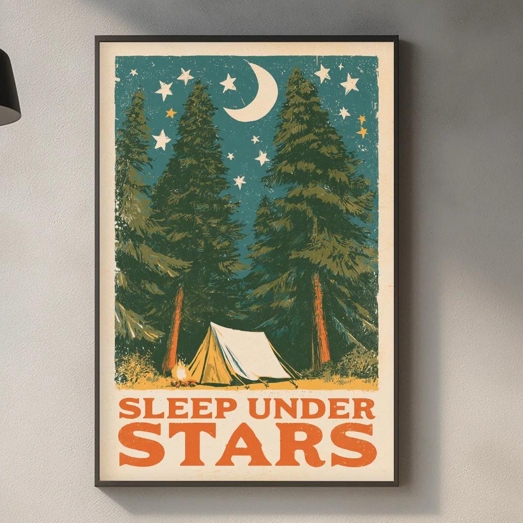 a framed poster with a camping scene and the text "SLEEP UNDER STARS" hanging on a wall above a kitchen counter.
