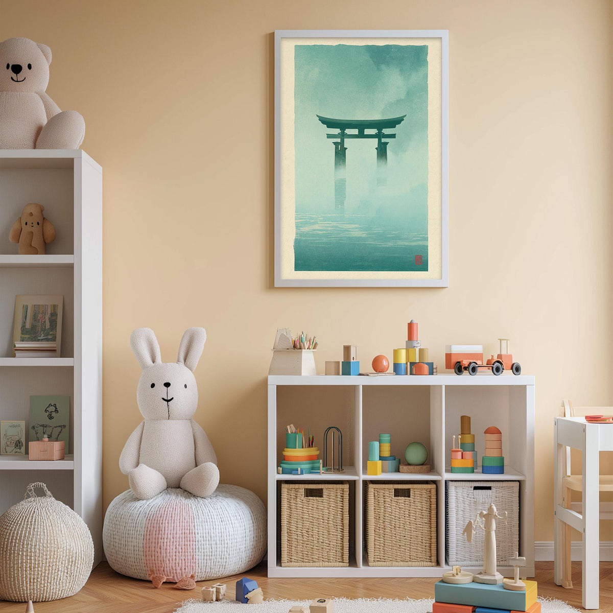 A child's bedroom with a white bookshelf, a stuffed rabbit, and a toy train set. The walls are painted a light peach color, and there is a framed picture of a torii gate hanging on the wall.