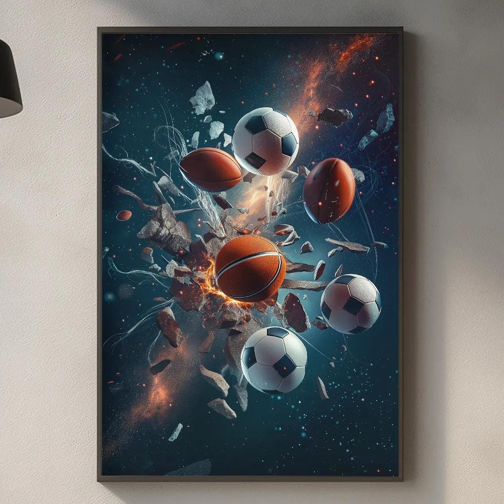 a kitchen counter with various kitchen items, including a cutting board, a bottle, and a vase. Above the counter, there is a framed artwork depicting a vibrant scene of sports balls, including soccer and basketball, against a dark background with a starry sky.