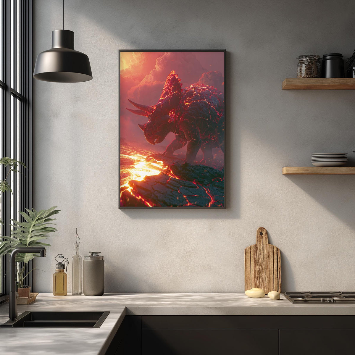 a large, fiery painting of a dinosaur on a rock, hanging on a wall above a kitchen counter.