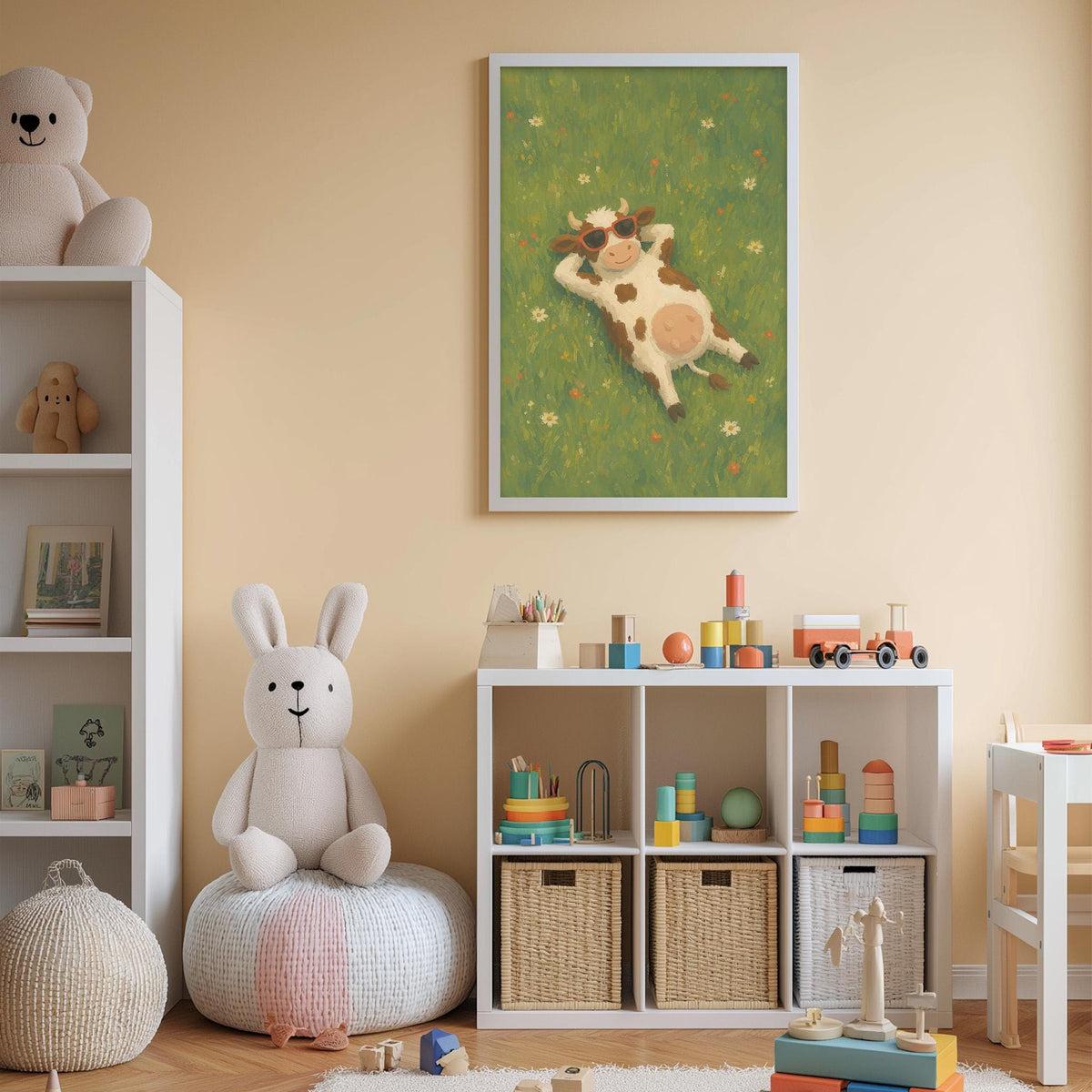 A cozy children's room with a white bookshelf, a plush bunny, a toy train, and a framed painting of a cow in a grassy field.