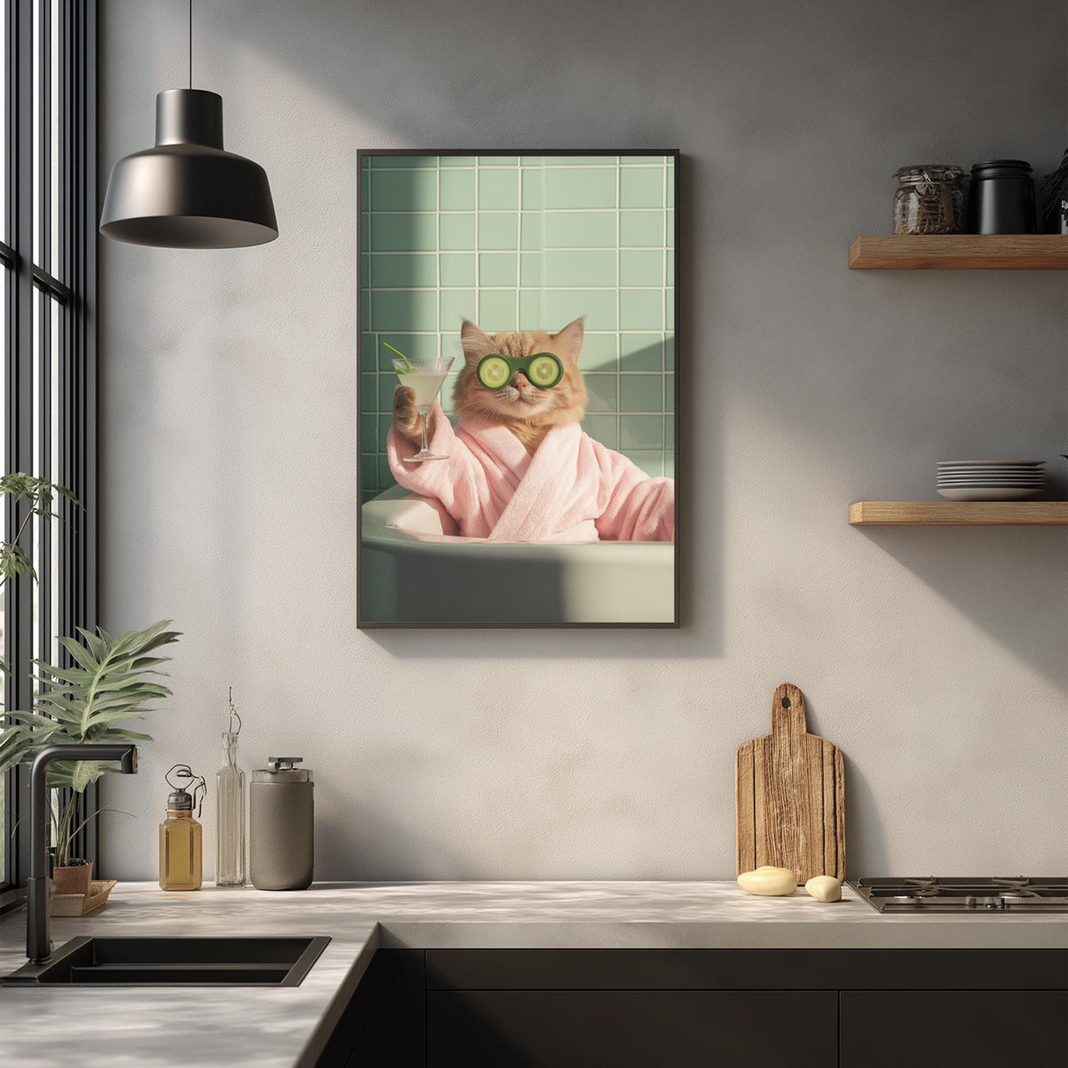 A framed image of a cat wearing a pink robe and cucumber-eyed glasses, sitting in a bathtub, with a green tiled wall and a wooden cutting board in the background.
