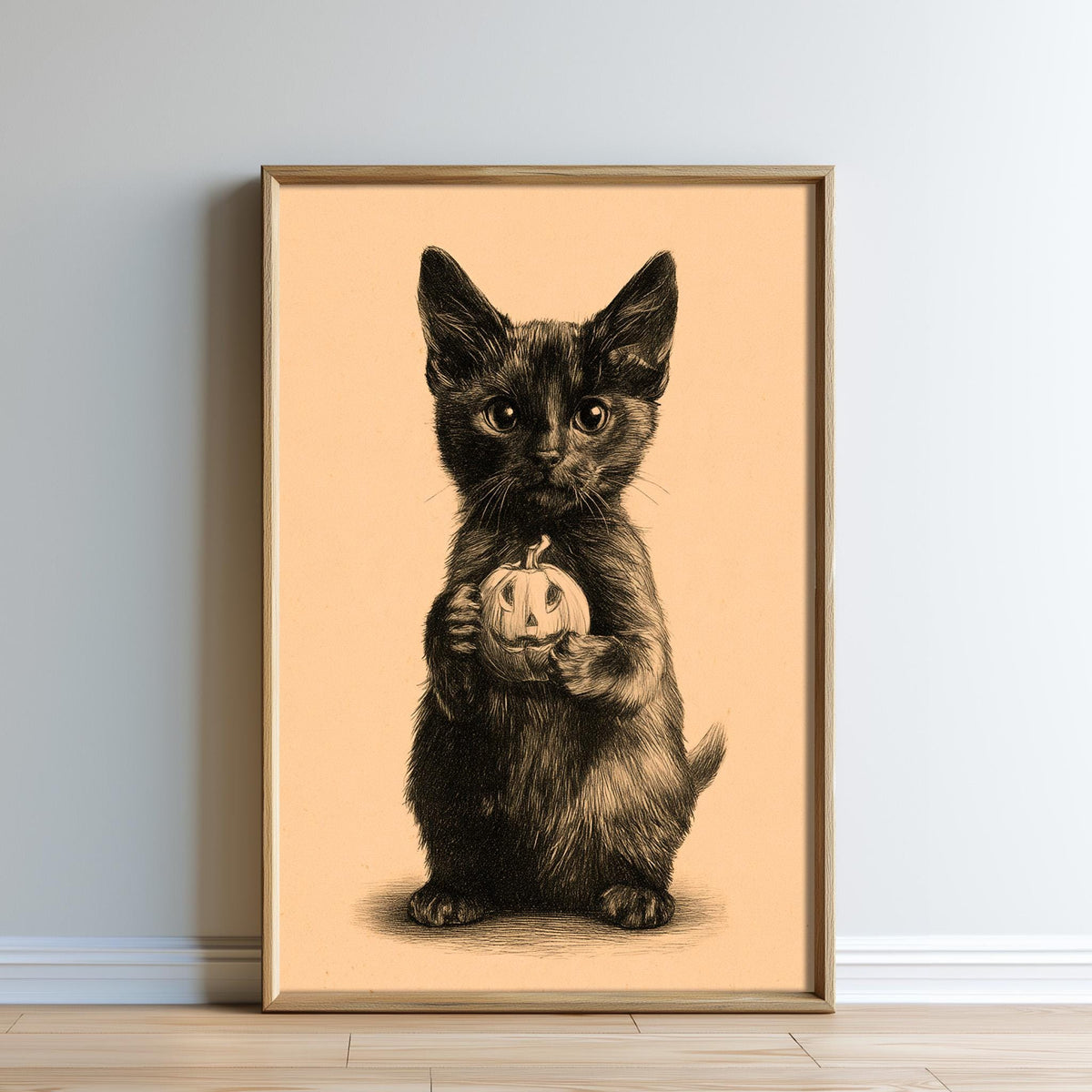 A framed illustration of a black cat holding a pumpkin.