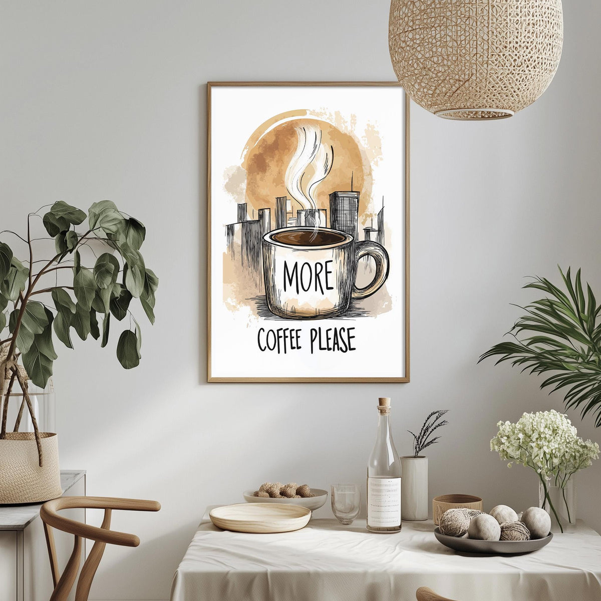 a framed poster with a coffee cup and the text "MORE COFFEE PLEASE" hanging on a wall above a dining table with various items on it.