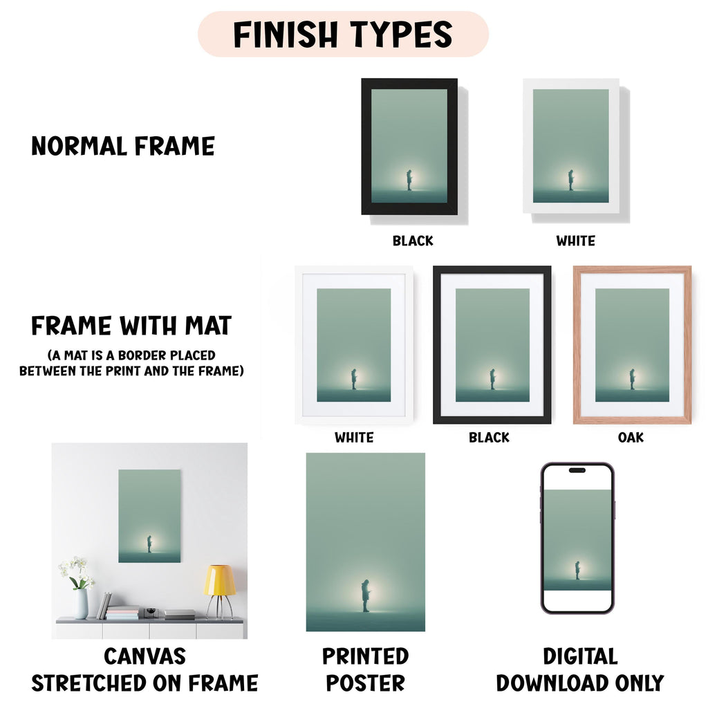 various types of artwork, including a canvas stretched on a frame, a framed poster, and a digital poster. The artwork is presented in different frame colors and styles, such as a normal frame, a black frame, a white frame, and an oak frame. The artwork is also described as a canvas stretched on a frame, a printed poster, and a digital download only. The image is a collage of multiple images, and the text provides information about the artwork, such as the finish types and the materials used.