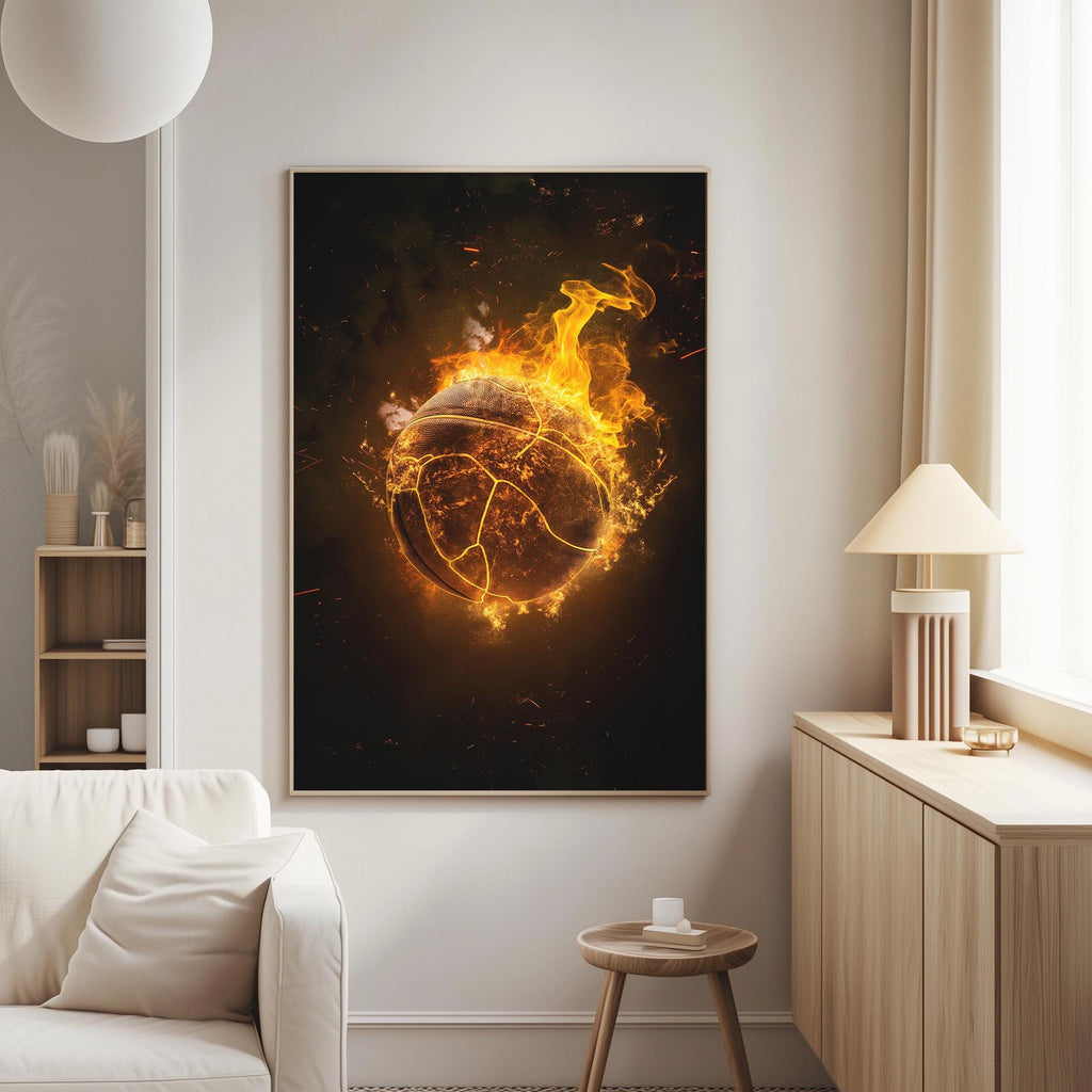 a large, vibrant, fiery basketball graphic on a wall, with flames emanating from it, creating a striking visual effect.
