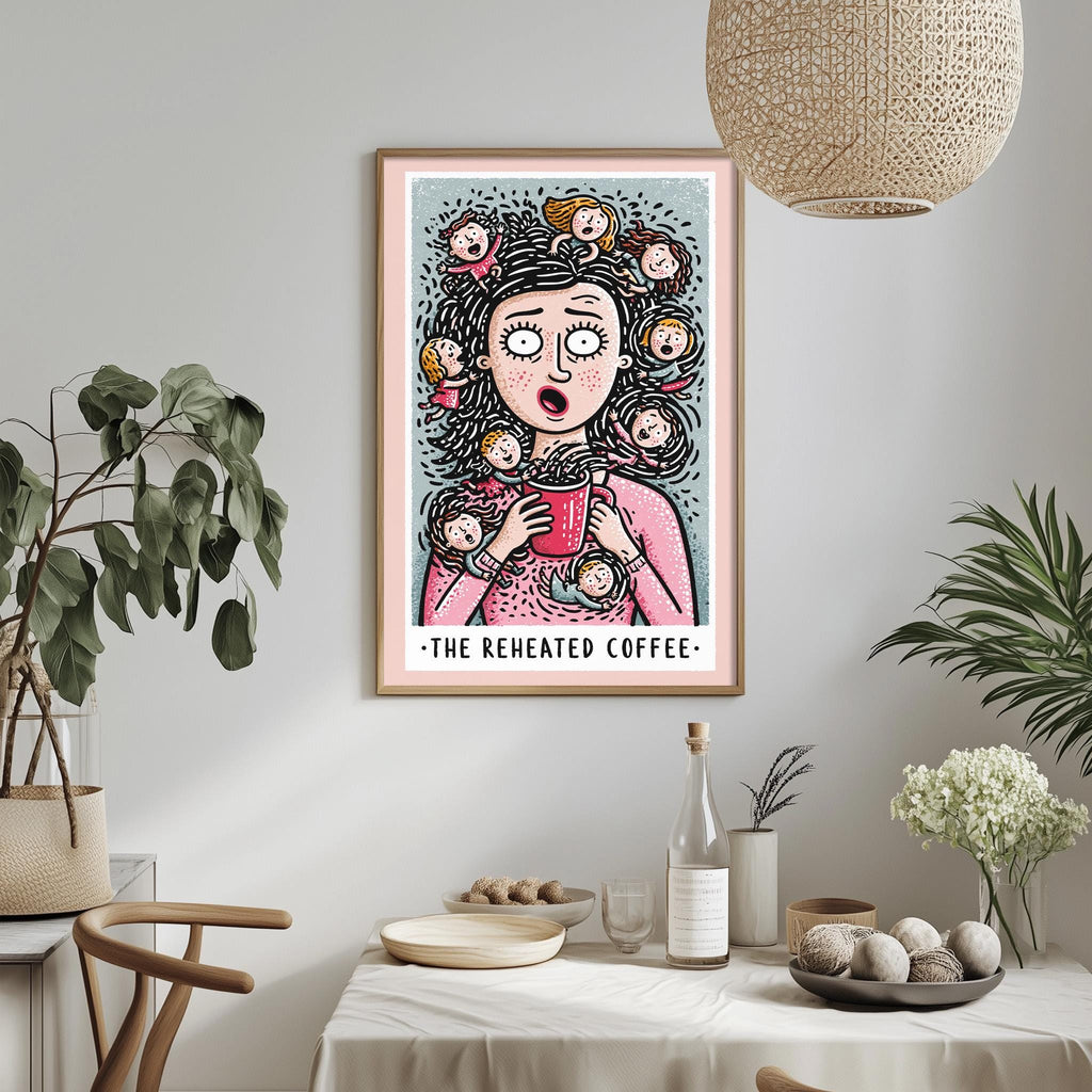 a framed illustration of a woman with a surprised expression, surrounded by a group of people, with the text "The reheated coffee" below the illustration.