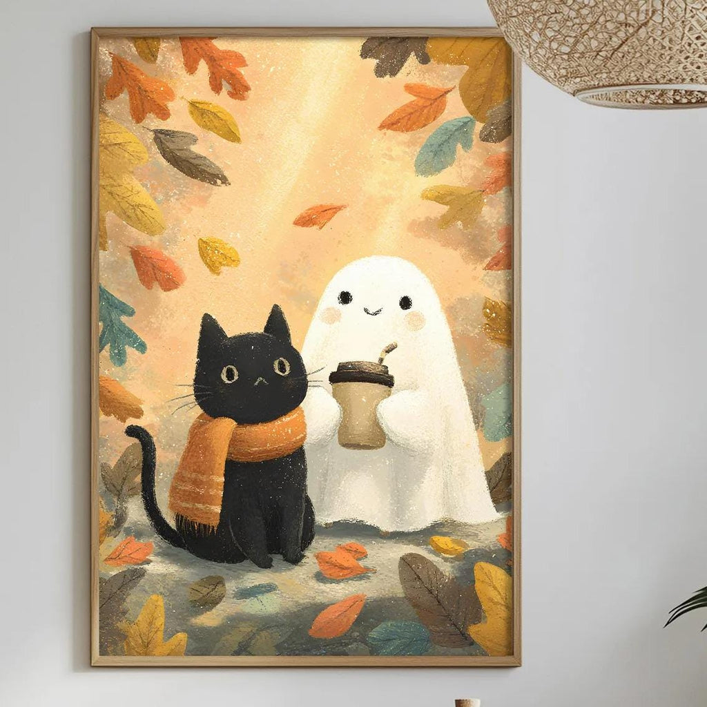 a cozy and whimsical scene with a framed painting of a black cat and a ghost, surrounded by autumn leaves, hanging on a wall above a dining table. The table is set with various items, including a bottle, a bowl, and a vase, creating a warm and inviting atmosphere.