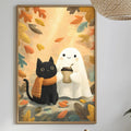 a cozy and whimsical scene with a framed painting of a black cat and a ghost, surrounded by autumn leaves, hanging on a wall above a dining table. The table is set with various items, including a bottle, a bowl, and a vase, creating a warm and inviting atmosphere.