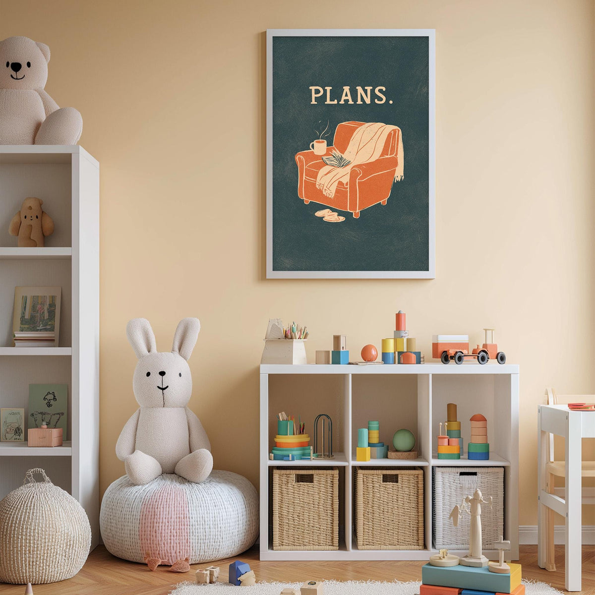A cozy children's room with a teddy bear, a shelf with toys, and a framed poster with an illustration of a chair and the word "PLANS" on it.