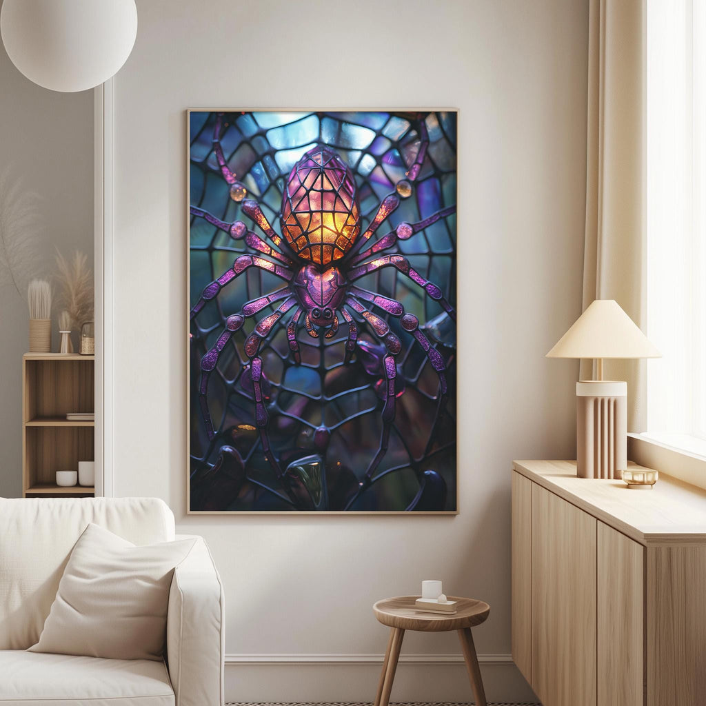 a large, colorful painting of a spider on a web hanging on a wall in a living room.