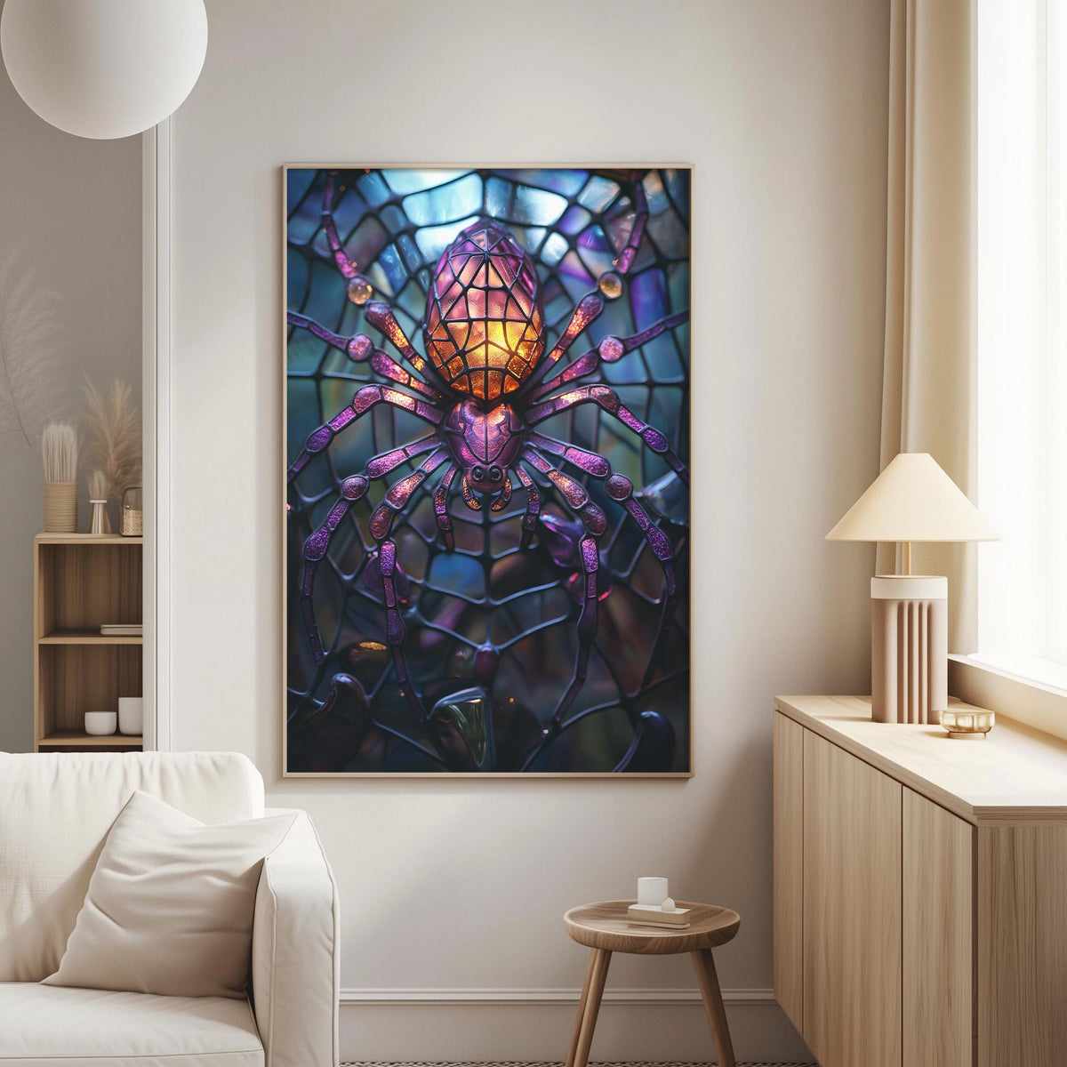 a large, colorful painting of a spider on a web hanging on a wall in a living room.