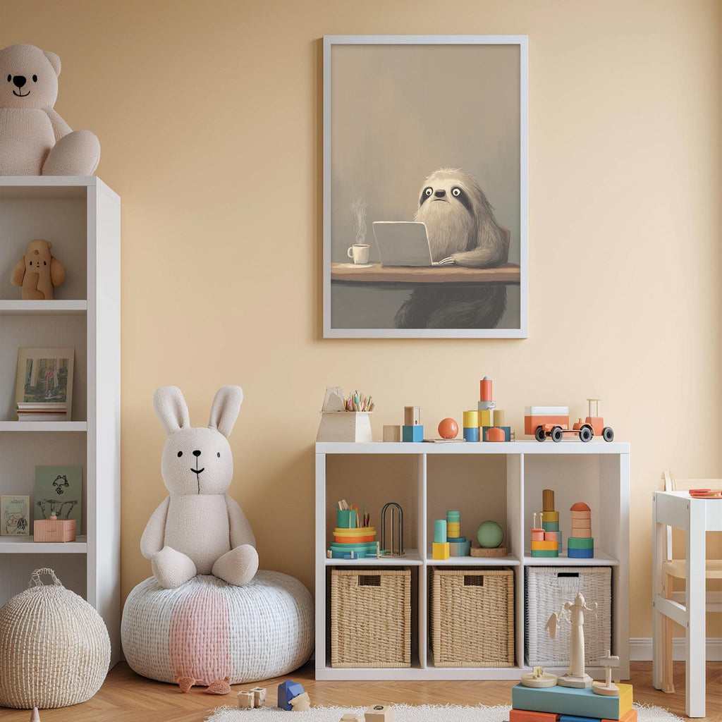 A cozy children's room with a bookshelf, a plush bunny, and a toy train. The room has a warm, inviting atmosphere with a painting of a sloth on the wall.