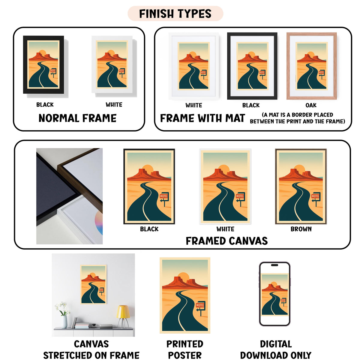 various finish types for artwork, including canvas, framed canvas, stretched canvas, printed poster, and digital download only.