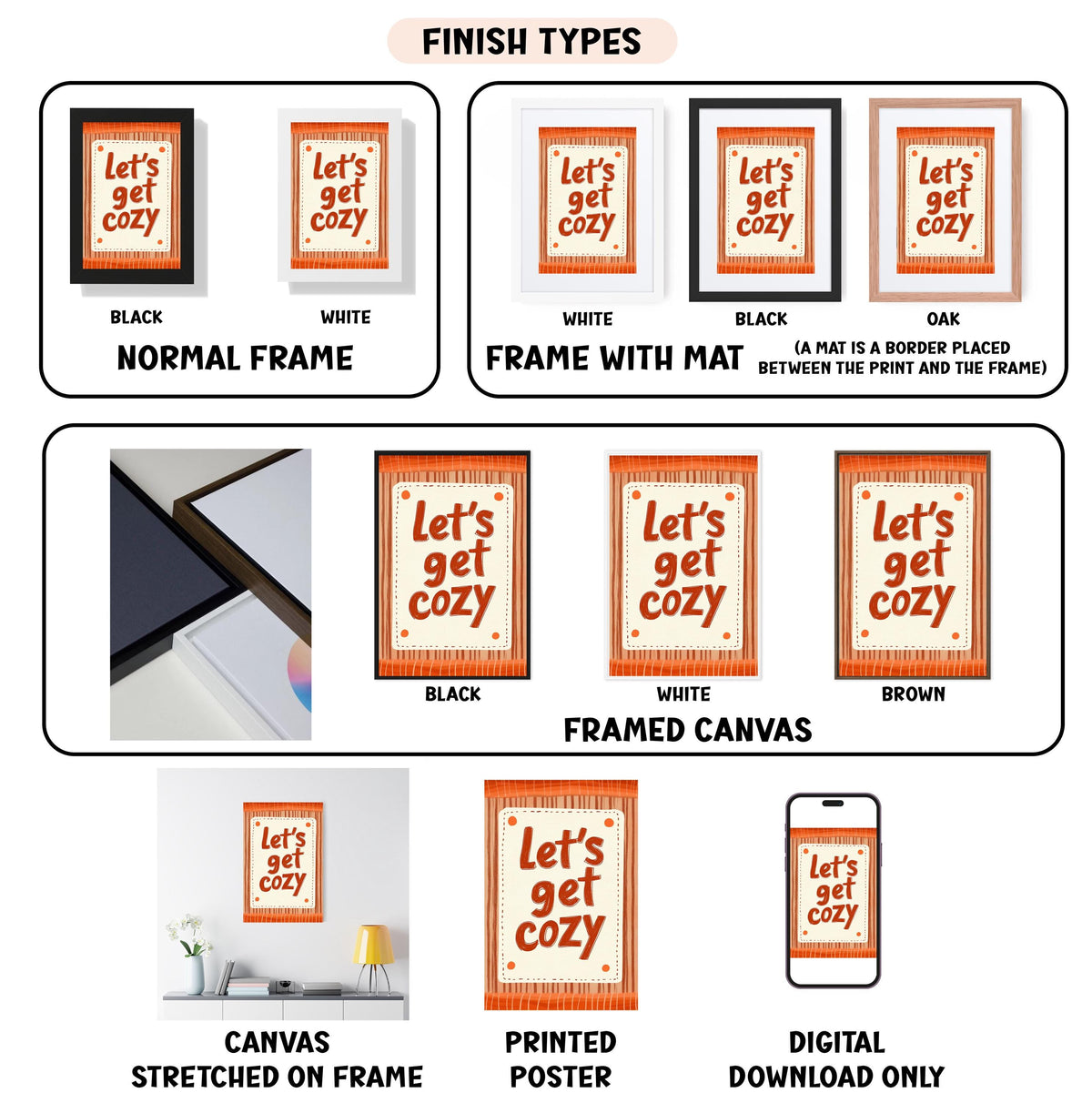 various images of framed artworks, including different finishes and types of frames, as well as printed and digital versions of the same artwork.