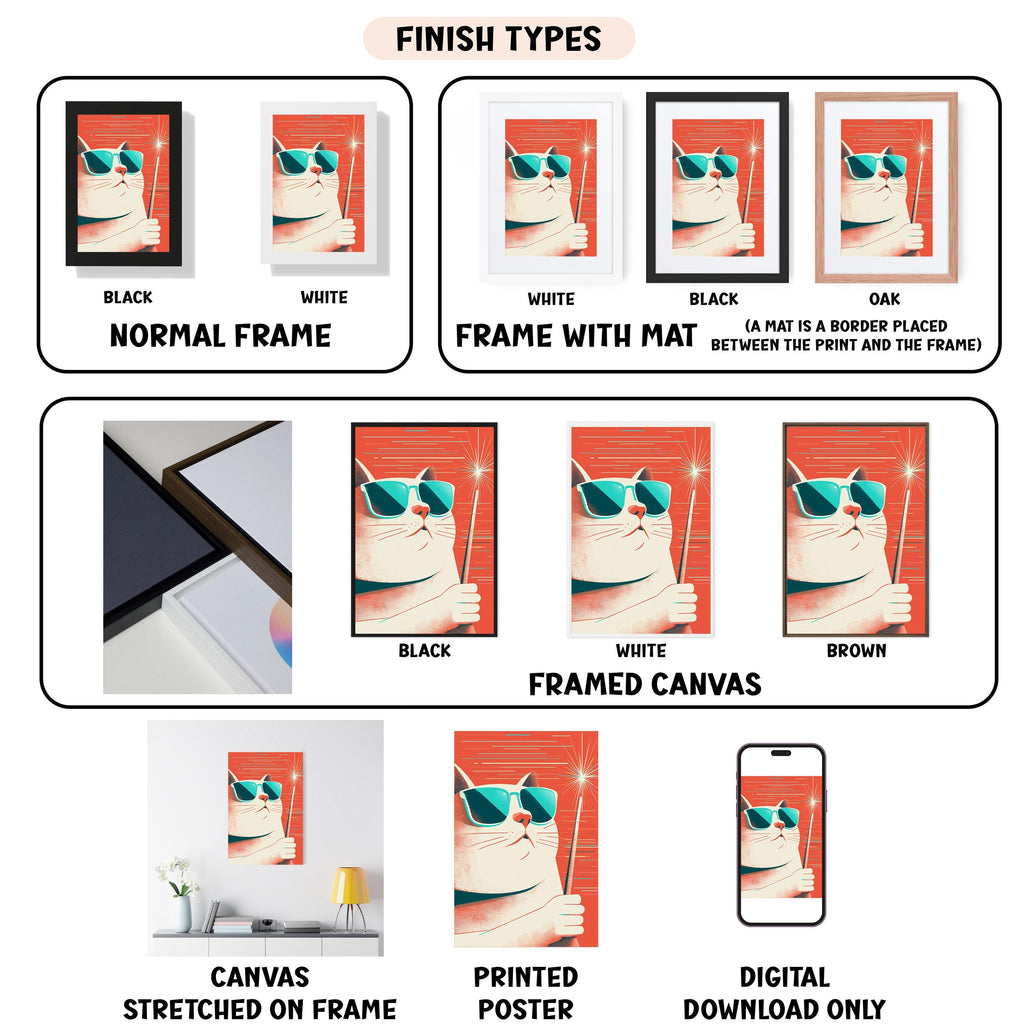various finish types for a framed artwork, including a black and white normal frame, a white frame with a mat, a black frame, a white framed canvas, a stretched canvas, a printed poster, and a digital download.