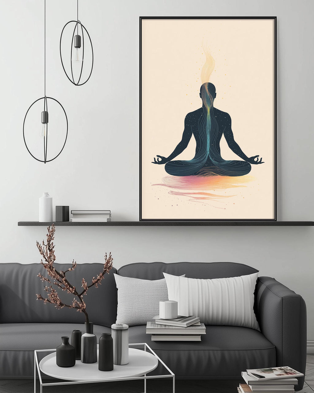a modern living room with a gray sofa, a coffee table, and a large abstract painting of a person in a meditative pose above the sofa.