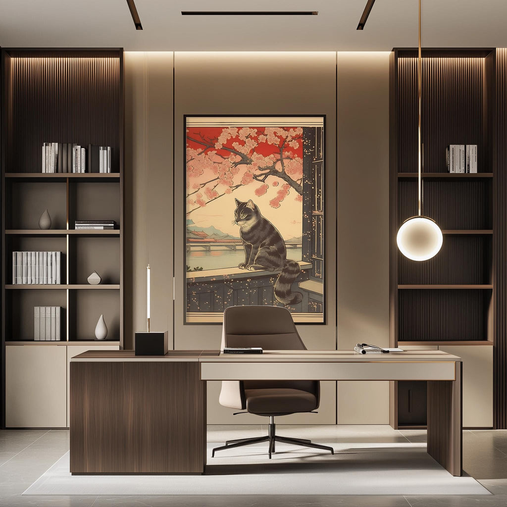 a modern office space with a large framed artwork of a cat sitting on a windowsill, surrounded by bookshelves and a desk with a chair.