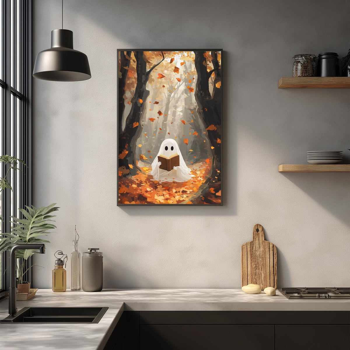 a kitchen scene with a framed artwork of a ghost reading a book, surrounded by autumn leaves.