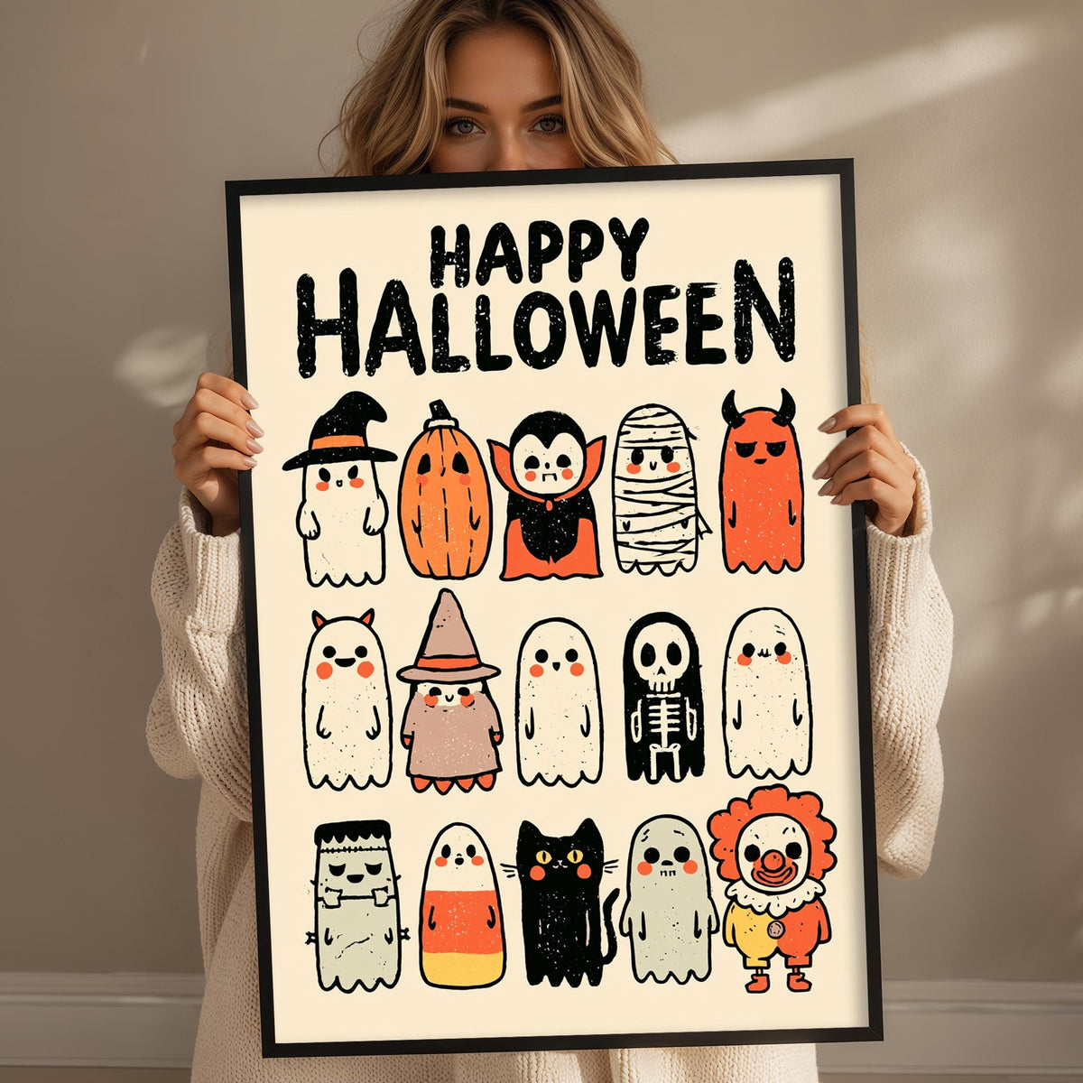 A woman is holding up a framed poster with various cartoon-style Halloween characters on it, including a witch, skeleton, clown, and more.
