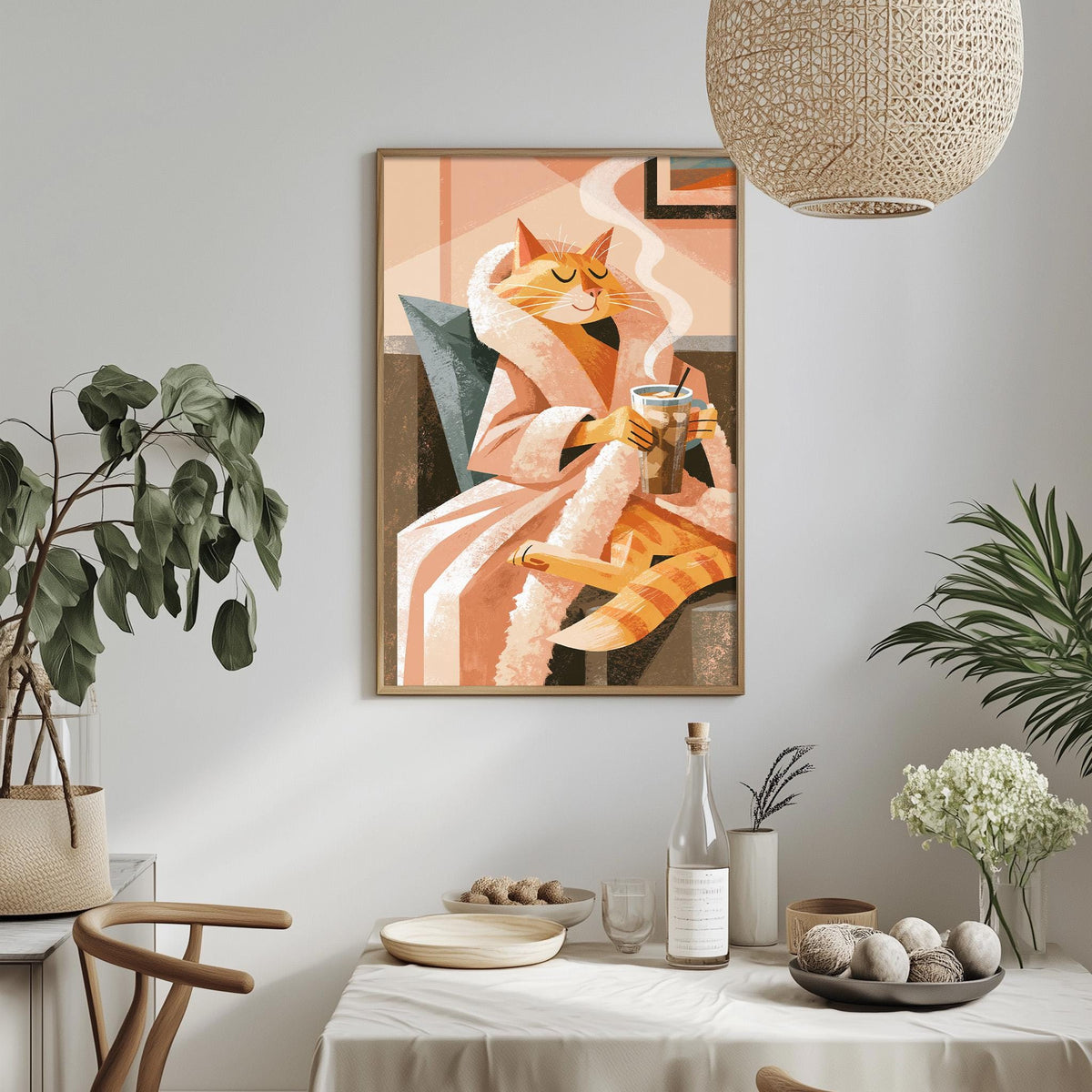 a framed painting of a cat in a robe, sitting on a chair and holding a cup, with a dining table and various decorative items in the foreground.