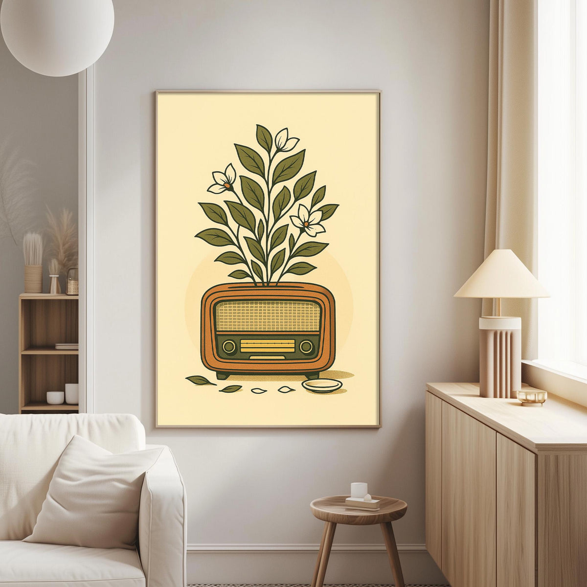 a living room with a framed poster of a radio on the wall, a white sofa, a wooden side table, and a lamp.