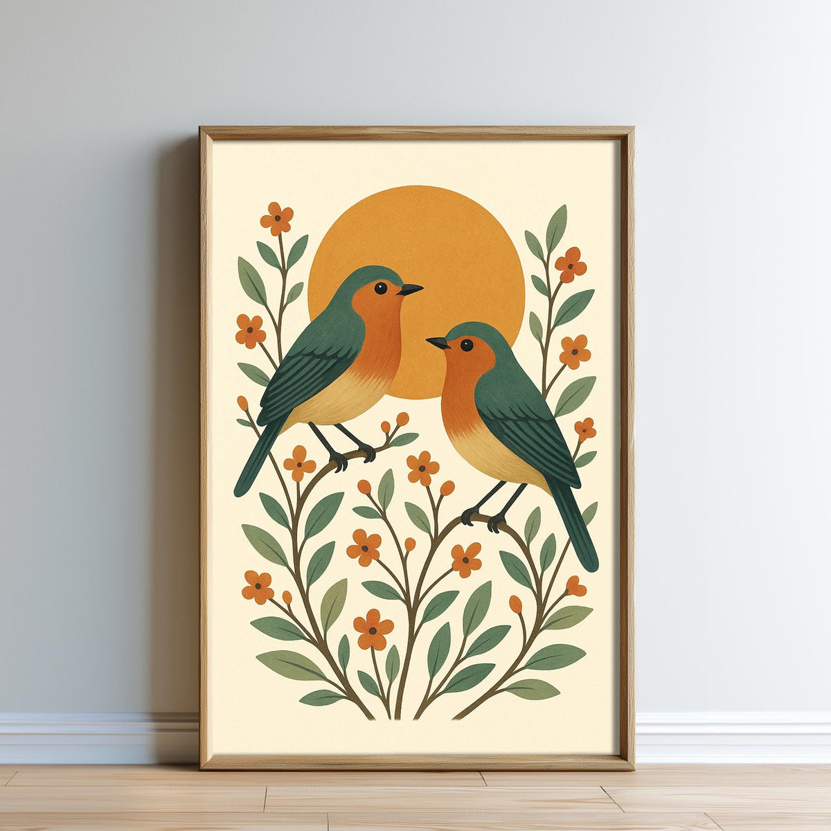 A framed illustration depicting two birds perched on branches with orange flowers and green leaves, set against a yellow background with a large orange sun.
