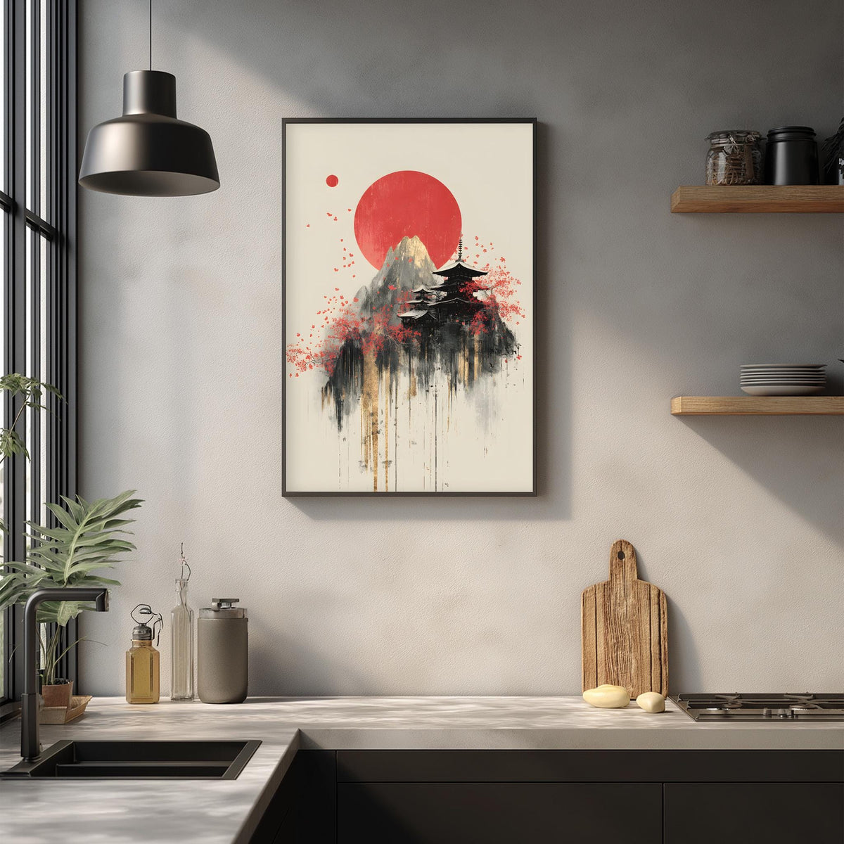 a kitchen counter with a framed artwork depicting a mountain landscape with a red sun in the background. The artwork is hanging on the wall above the counter.